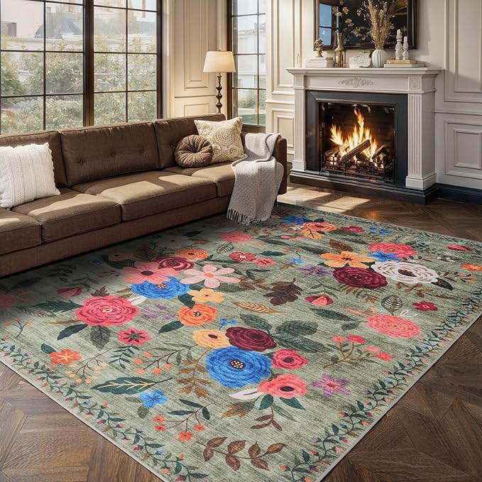 Washable Area Rug 8x10 Green, Large Soft Rugs for Living Room Floral Green Carpet 8x10 Area Rugs for Bedroom Dining Room Non-Slip Stain Resistant Under Table Rug(8 x 10, Green Lawn)