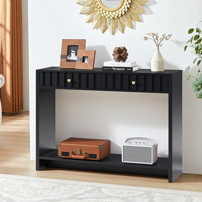 AVZEAR Entryway Console Table with Fluted Drawers, Mid Century Entryway Table with Storage, 43" Long Couch Table Behind Sofa Narrow Sofa Table Console Tables for Living Room Hallway Entrance, Black