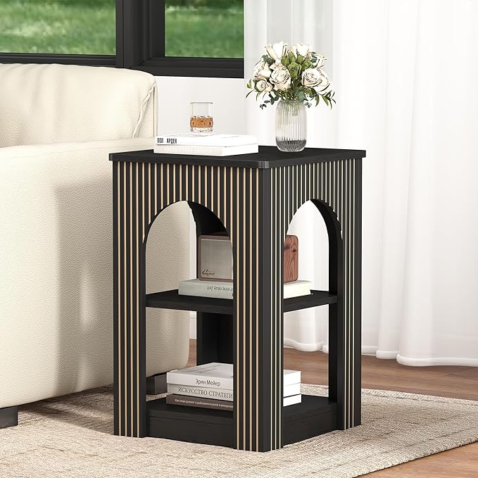 End Table with 3-Tier Storage, Mid-Century Modern Side Table with Arched Carving Lines, Square Fluted Nightstand Accent Table for Living Room, Bedroom, or Office (1, Black)