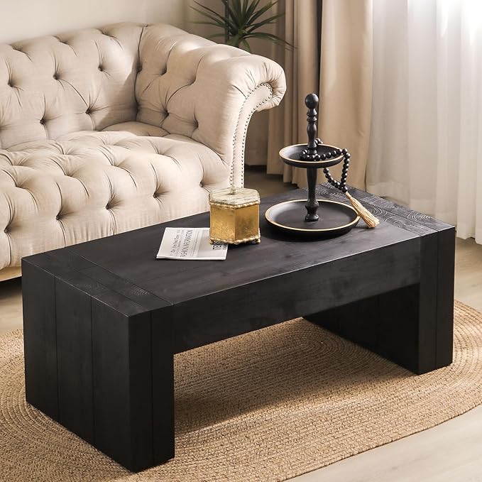 Coffee Table, 49" x 23.7" Rectangular Coffee Table Rustic Side Table Solid Wood Center Table Versatile Tea Table Accent End Table for Living Room Apartment, Black
