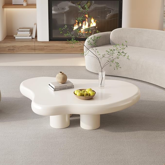 35.82" Cloud Coffee Table for Living Room,Cream Style Corner Table with 4 Legs,Cute Irregular Shape Side Table-White