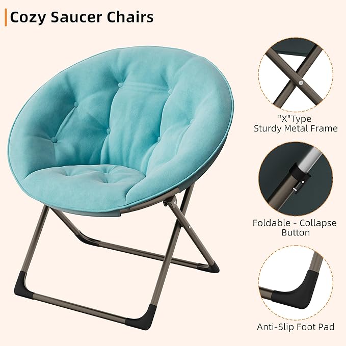 GarveeHome Comfy Oversized Saucer Chair – Soft Plush Fabric Reading Lounger for Adults, Stable X-Large Metal Frame Foldable Accent Lazy Chair for Bedroom, Living Room, Dorm, Office, Blue