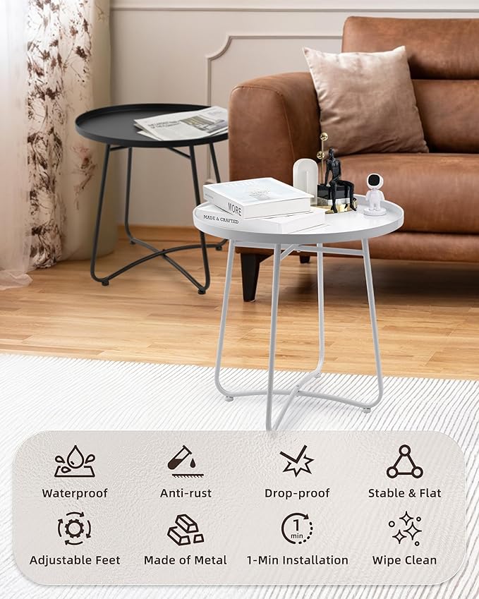 Small Side Round Table for Living Room Bedroom, Weather Resistant Outdoor Side Table Metal Patio Tables for Garden Porch Balcony Yard, Minimalist Short Round Tray Tables 17.7”D x 17.7”H, White
