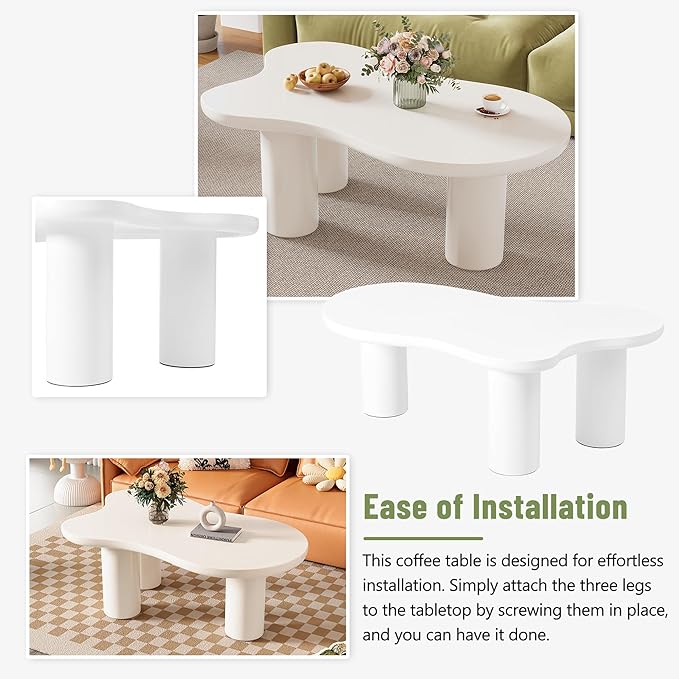 GDFStudio 44'' Cloud-Shaped Coffee Table,Minimalist Center Table with 3 Sturdy Legs & 1.5'' Thick Top,Easy Assembly Round Edge Irregular End Table for Living Room, Bedroom,or Patio,White