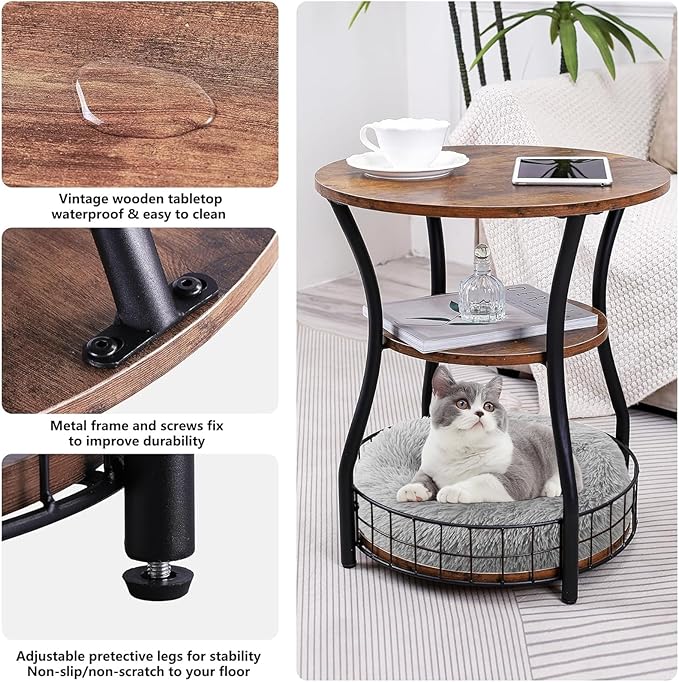 Round Side Table,3 Tier End Table with Storage Shelves for Living Room, Accent Sofa Couch Table for Small Spaces,Nightstand with Metal Frame for Bedroom, Rustic Brown - 19.7"