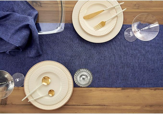 Solino Home Linen Chambray Navy Table Runner 132 Inches Long - Athena, 100% Pure Linen Dining Table Runner 14 x 132 Inch for Fall, Autumn, Thanksgiving, Christmas