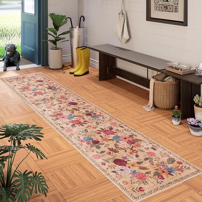 Floral Hallway Runner Carpet Non-Slip, 2x10 Washable Rug Ultra-Thin Soft for Hallways, Kitchen Mat Stain Resistant for Entryway Bathroom (2 x 10, Yellow Lawn)