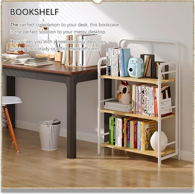 4NM No Assembly Folding Bookshelf, 3 Tiers Collapsible Book Shelves Open Industrial Foldable Storage Bookcase Shelf for Bedroom, Living Room, Home Office - Natural and White