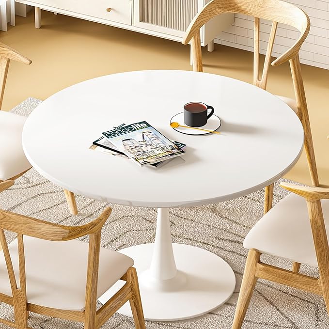 DKLGG White Round Dining Table, 39.1" Tulip Kitchen Dining Table for 4-5 People with MDF Table Top & Pedestal Base, Mid-Century End Living Room Table