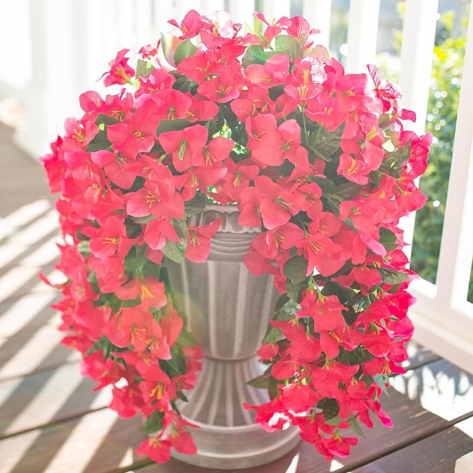 HyeFlora Bougainvillea Artificial Hanging Flowers Plants for Outdoors Decoration, 2pcs Fake Flowers Silk Bougainvillea Vines Realistic UV Resistant Faux Flowers for Planters Porch Patio Urn, Hot Pink