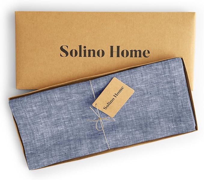 Solino Home Linen Chambray Indigo Table Runner 132 Inches Long - Athena, 100% Pure Linen Dining Table Runner 14 x 132 Inch for Christmas