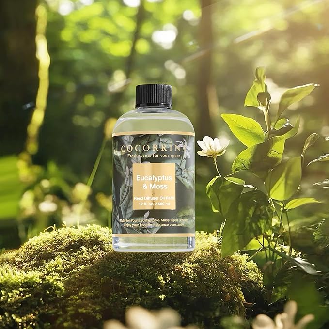 Cocorrína Reed Diffuser Refill Eucalyptus & Moss 17oz (500ml) with 8 Rattan Sticks - Premium Long-Lasting Essential Oil, Home Fragrance for Bedroom, Bathroom Home Decor