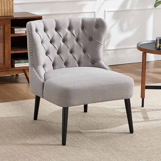 chairus Tufted Slipper Accent Chair, Armless Linen Living Room Chair with Nailhead Trim, Mid-Century Modern Upholstered Wingback Side Chair for Bedroom Reception Apartment Office, Grey