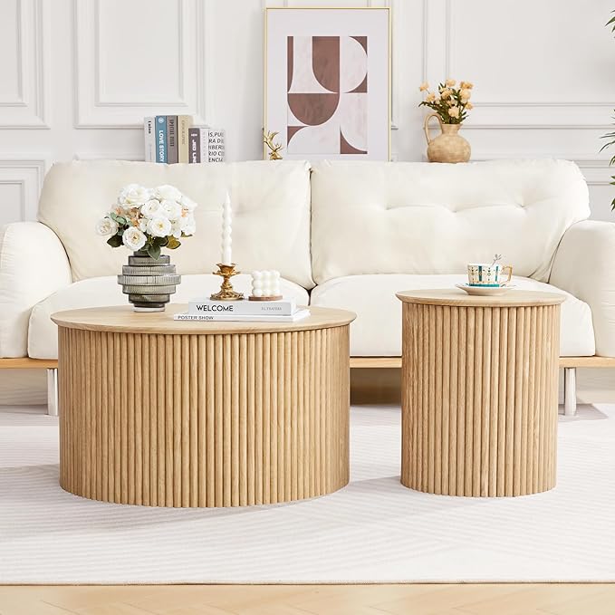 Fluted Round Nesting Coffee Table Set of 2, Mid Century Modern Wood Coffee Tables and End Table Set, Circle Side Table Minimalist Center Tables for Living Room, Office(Natural)