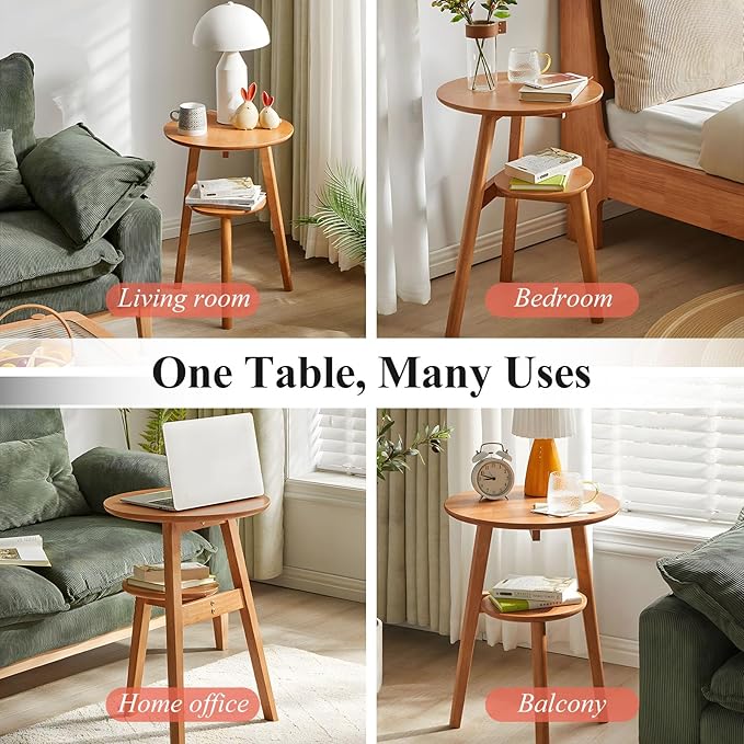 Side Table, 2-Tier Round End Tables Living Room, Mid Century Modern Side Table, Round Nightstand, Oak Accent Table, Small Round Coffee Table, 16.54" Dia.x 23.62" H(Natural)