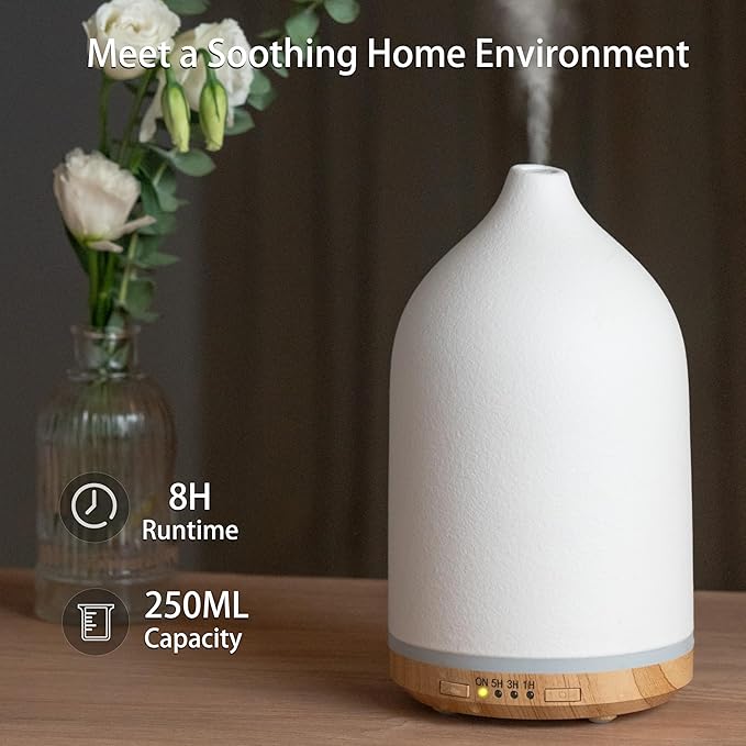 BOXING 250ML Esseantial Oil Diffuser, Ultrasonic Aromatherapy Diffusers for Home & Large Room, 7 Colors of Night Light for Bedroom, Timer, Quiet Operation, Stylish Ceramic, Auto Shut Off, White