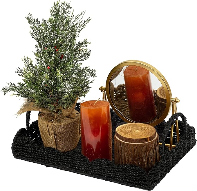 14" Handmade Wicker Tray with Scalloped Edge, Seagrass Basket with Handles, Decorative Boho Accent for Coffee Table or Ottoman, Holiday Serving