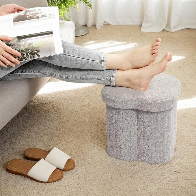12.6" Small Ottoman with Storage, Flowers Shaped Foldable Foot Rest for Dorm Room, Living Room - Compact Organizer for Small Spaces-Grey