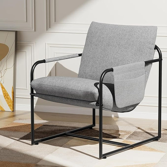 HOMMPA Sling Accent Chair, Steel Frame Lounge Arm Chair Living Room Chair with Side Storage Pocket, Reading Accent Chair Mid Century Modern Bedroom Chair Linen Fabric Cover, Flax