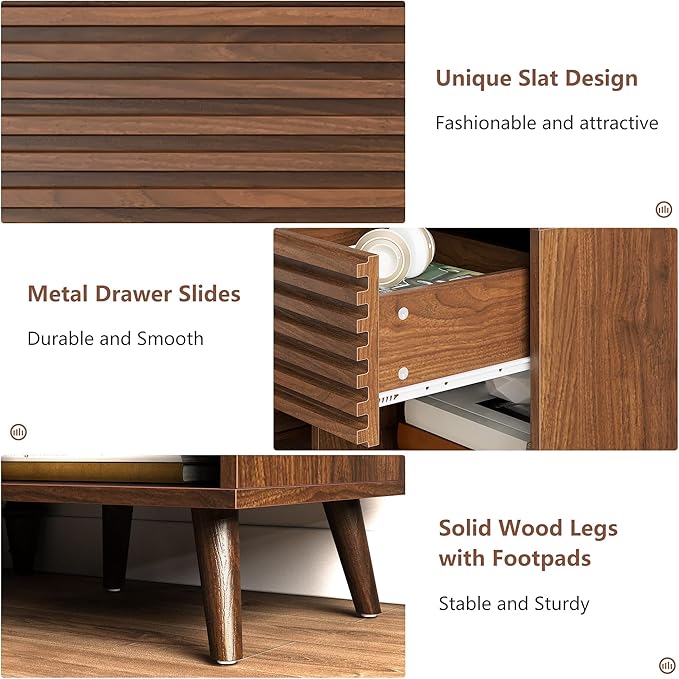 Alohappy Nightstands Set of 2, Mid Century Modern Nightstand, Wood Fluted Bedside Table with Drawer Storage for Bedroom, Accent Side End Table for Living Room, Brown, 2pcs