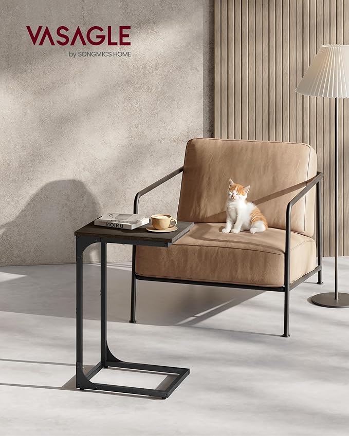 VASAGLE C-Shaped End Table, Small Side Table for Couch, Sofa Table with Metal Frame for Living Room, Bedroom, Bedside, Chestnut Brown and Black