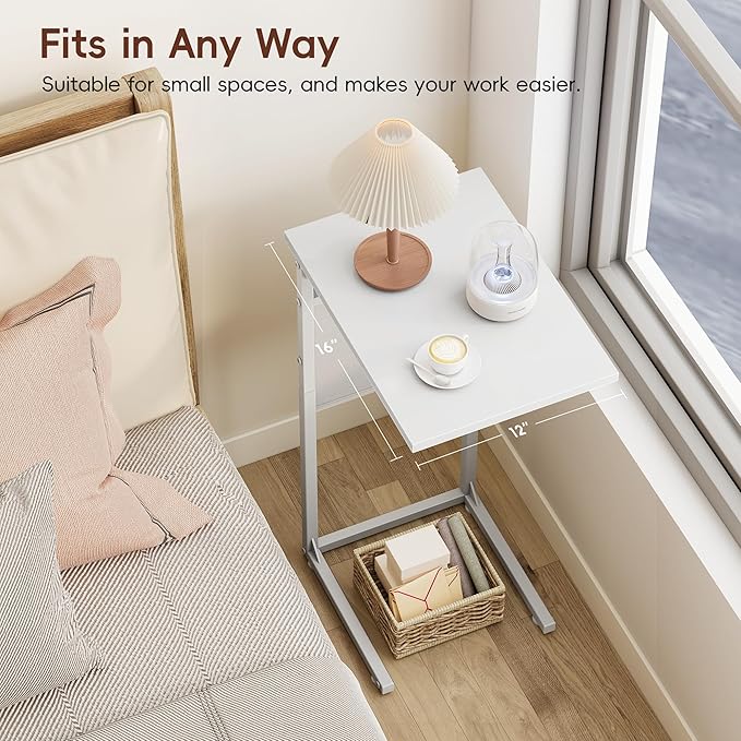 Vagusicc C Shaped End Table, Small Side Table for Couch, Couch Side Table Arm C Table for Sofa, TV Tray Slide Under Sofa Drink Table with Metal Frame for Living Room, Bedroom, Bedside, White
