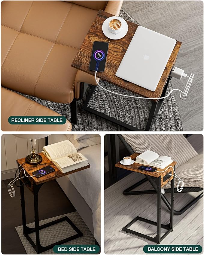C-Shaped Side Table for Couch - Small Coffee Stand Sofa Tray Desk with Metal Frame Waterproof Scratch Resistant Wood Top and Built-in Charging Station, Rustic Brown
