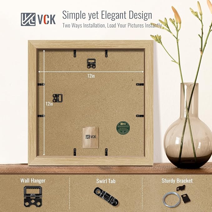 VCK 12x12 Picture Frame 2 Pack - Natural Oak, High-End Wood Poster Frames with Tempered Glass, Display 8x8 Photo with Mat or 12x12 without Mat, Art Gallery-Quality, Wall Hanging, Natural Oak