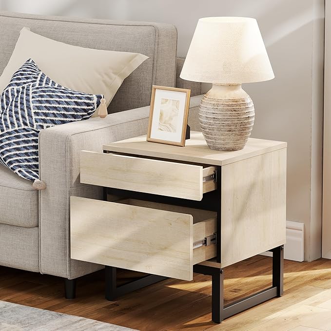 WAMPAT 2 Pack Modern End Table with 2 Drawers, Farmhouse Sofa Table with Black Square Iron Leg, Wood Rustic Side End Table for Living Room, Nighstand for Bedroom, Light Oak