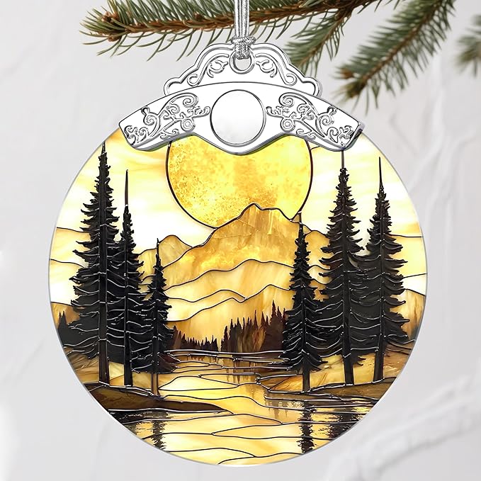 Mountain Sunset Stained Glass Ornament: Christmas Decorations, Ornaments for Christmas Tree & Holiday Ornaments – Holiday Presents, Gift Exchange Ideas & Elegant Gift for Family, Coworkers & Friends