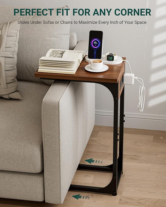 C-Shaped Side Table for Couch - Small Coffee Stand Sofa Tray Desk with Metal Frame Waterproof Scratch Resistant Wood Top and Built-in Charging Station, Rustic Walnut