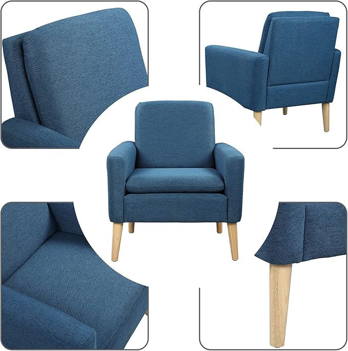 Lohoms Modern Accent Chair for Living Room, Comfy Upholstered Reading Leisure Chair for Bedroom, Mid-Century Armchair Linen Fabric Single Sofa Chair for Apartment, Waiting Room, Navy Blue