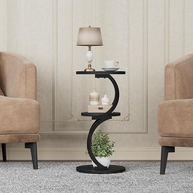 JUSTOGO Small Round Side Table, 3-Tier End Table for Living Room, Vintage Nightstand for Small Spaces Sofa Couch Corner Bedside Bedroom, S-Shaped Wood Accent Table Matel Coffee Table, Black