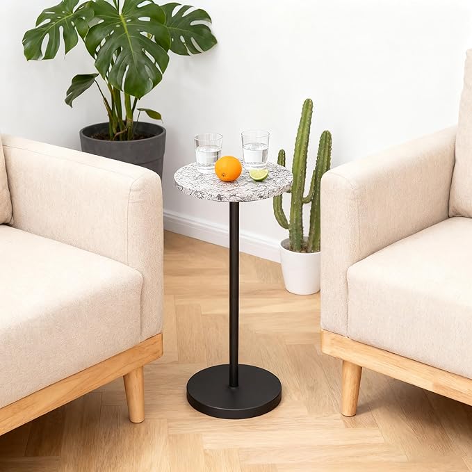 Nature Marble Drink Table, Pedestal Table, Small Round Side Table, Martini Table for Living Room, Bathroom, Small Space (Black 2)