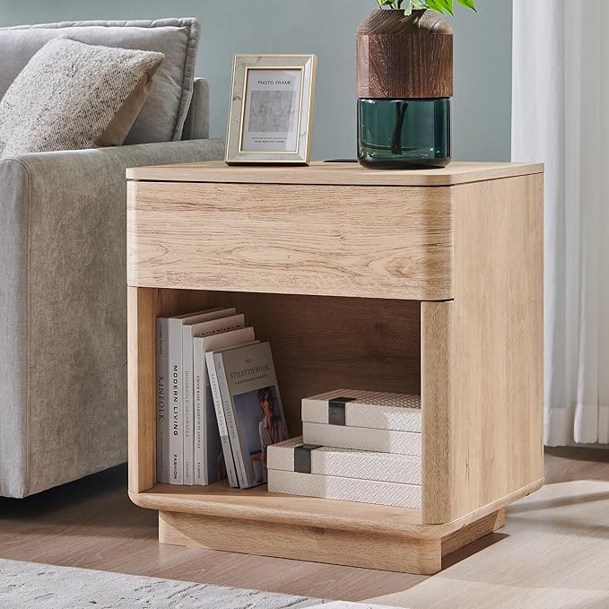 ACCOHOHO Modern Nightstand with Charger Station, 22" Wide Night Stand with Storage Drawer & Open Shelf, Large Bedside Table for Bedroom, Wood End Table, Curved Profile, Natural Oak