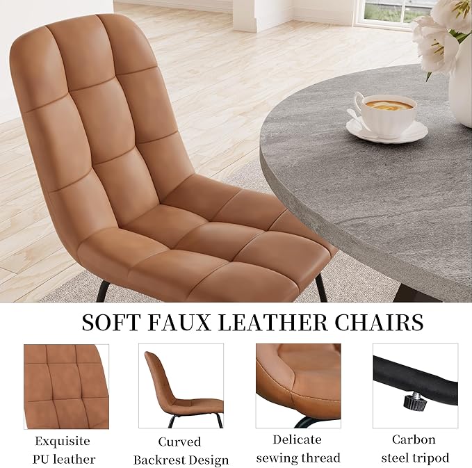 34.6'' Dining Table and Chairs for 4, Mid Century Modern Round Table Set, Space Saving for Apartment Kitchen Dining Room (Grey Table+4 U-Shaped Brown Chairs)