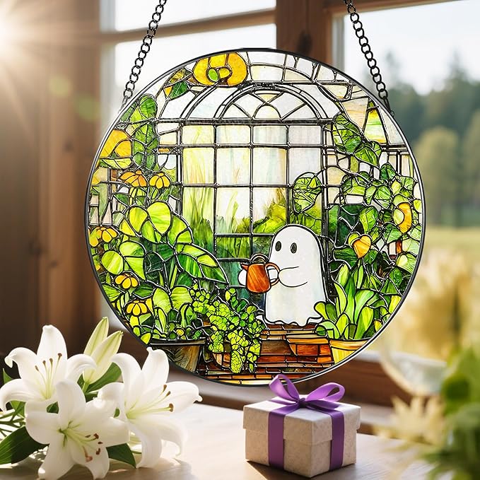 8'' Halloween Ghost Greenhouse Sun Catcher Ornament, Stained Glass Window Hanging, Sun Catchers for Windows Hanging Ornaments, Window Decor, Holiday Present, Ideal Gift | Plant Lovers Gifts