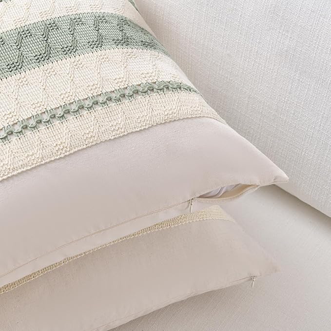 Fancy Homi Set of 2 Sage Green Boho Lumbar Decorative Throw Pillow Covers 12x24 Inch for Living Room Bedroom Couch Bed Chair, Rustic Retro Cushion Case, Bohemian Room Home Decor