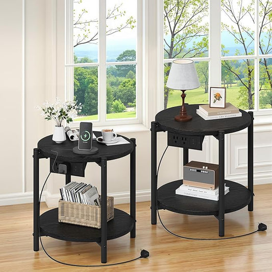 LIKIMIO Round End Tables, Set of 2, 16" W Small Round Side Tables with Charging Station, 2-Tier Modern Nightstands for Small Spaces, Living Room, Bedroom, Black