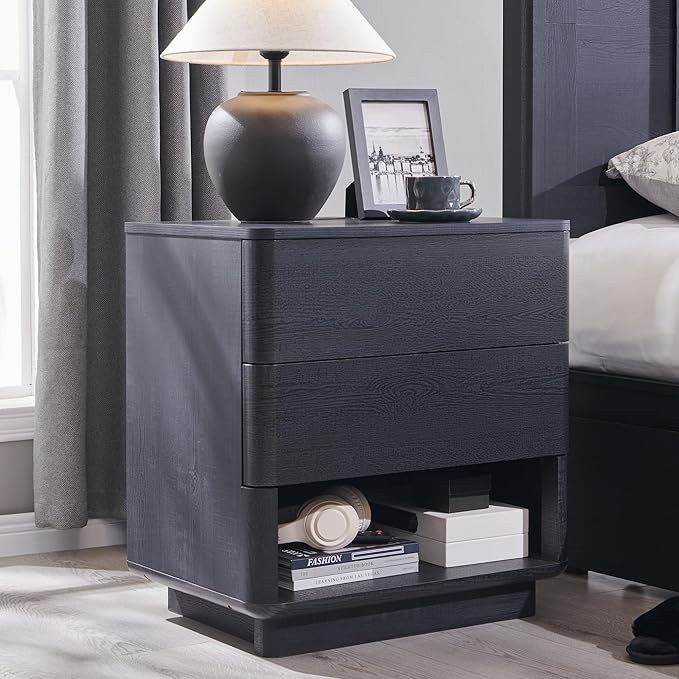 ACCOHOHO Nightstand with Charging Station, 22" Push-to-Open Bedside Table with 2 Storage Drawers, Large Modern End Table for Bedroom,Black