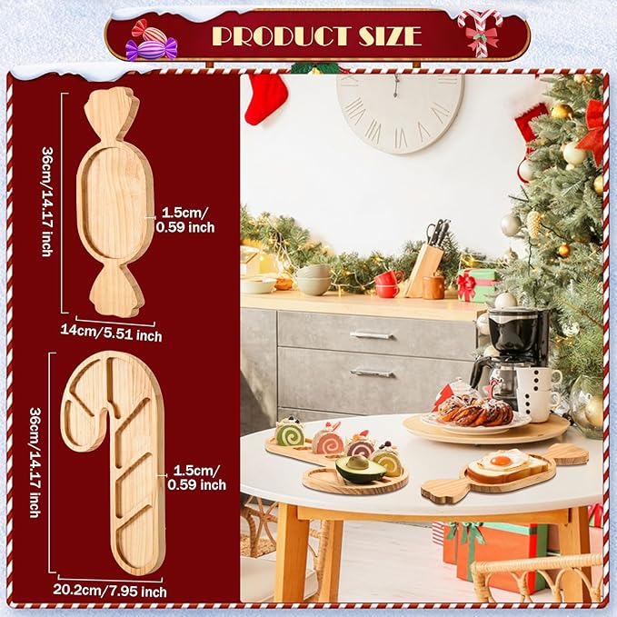 AWIZOM 2 Pcs Christmas Wooden Serving Platters Peppermint Candy and Candy Cane Charcuterie Boards Christmas Wood Trays Decorative Wooden Snack Cheese Dish Plates for Xmas Holiday Housewarming Present