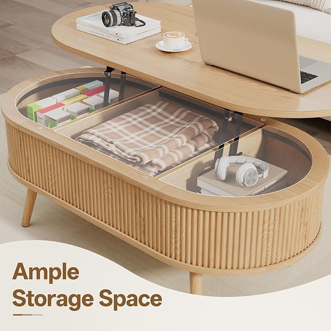 Mid Century Oval Coffee Table, Fluted Center Table with Lift Top, Modern Dining Table with Storage for Living Room Home Office, 39.4", Oak