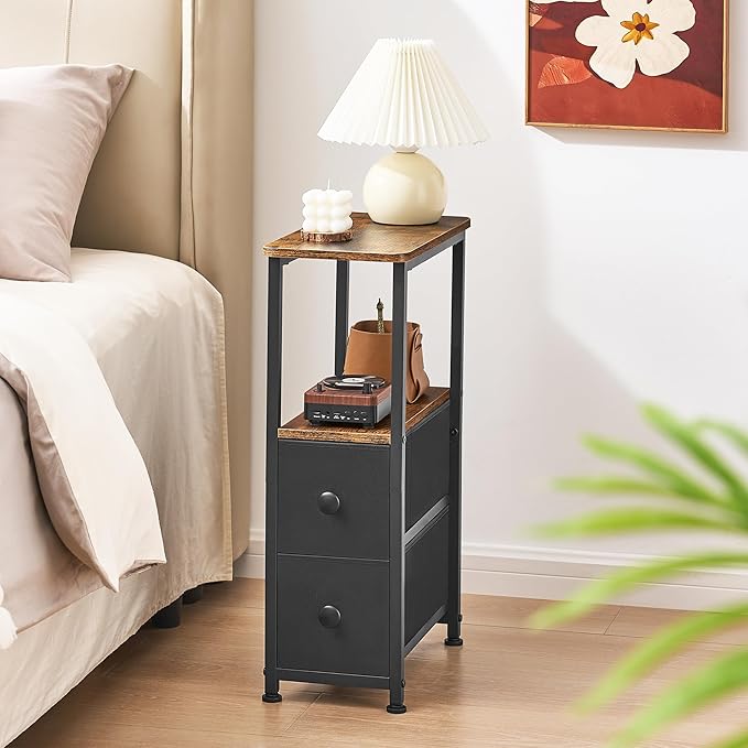 End Table, Narrow Side Table with 2 Fabric Drawers, Slim Nightstand, Small Bedside Table with Storage, Living Room, Bedroom, Rustic Brown HKET1200BR