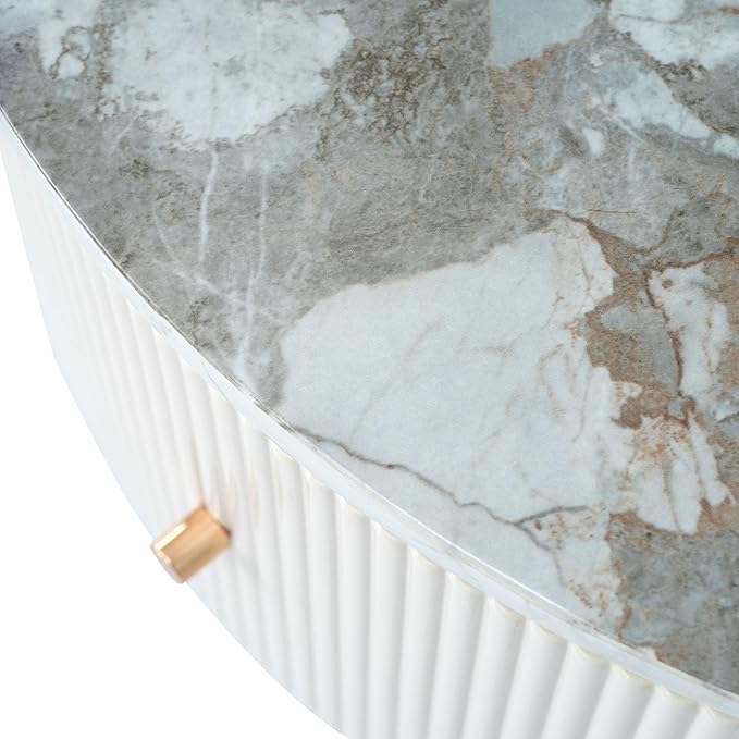 31.5" Round Coffee Table with Storage, Modern Round Coffee Table with 2 Drawers Storage Accent Table Round Black End Table for Living Room,Off White