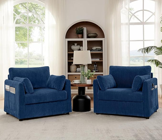 Accent Chair Set of 2 Living Room Chairs in Corduroy Fabric,Reading Chair Sofa Couches for Apartment Bedroom and Small Spaces. (Blue, 2 Chairs)