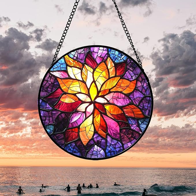 Stained Glass Window Hanging, Fuchsia Abstract Flowers Suncatcher for Window Home Decor Orange Sun Catcher Mother's Day Birthday Gifts for Women Men Mom Nana 7.8 in