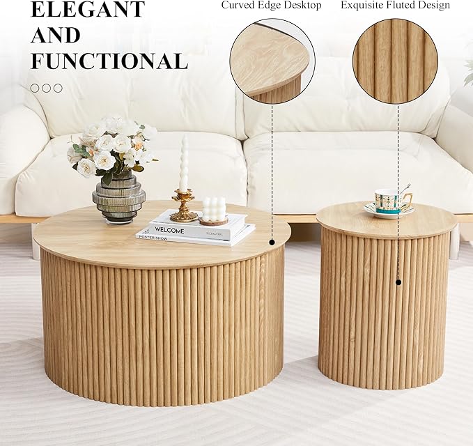 Fluted Round Nesting Coffee Table Set of 2, Mid Century Modern Wood Coffee Tables and End Table Set, Circle Side Table Minimalist Center Tables for Living Room, Office(Natural)