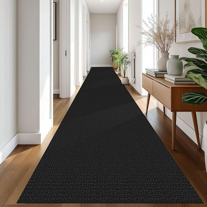 IOHOUZE Washable Exrea Long Hallway Runner Rug 3x20 Non Slip Rubber Backed Kitchen Runner Entryway Runner Indoor, Woven Rugs Floor Carpet for Kitchen Hall Entryway Stair, Black/Grey