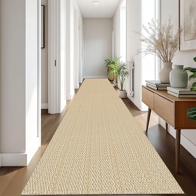 IOHOUZE Washable Exrea Long Hallway Runner Rug 3x20 Non Slip Rubber Backed Kitchen Runner Entryway Runner Indoor, Woven Rug Carpet for Kitchen Hall Entryway Stair, Warm Beige/Orange/Apricot
