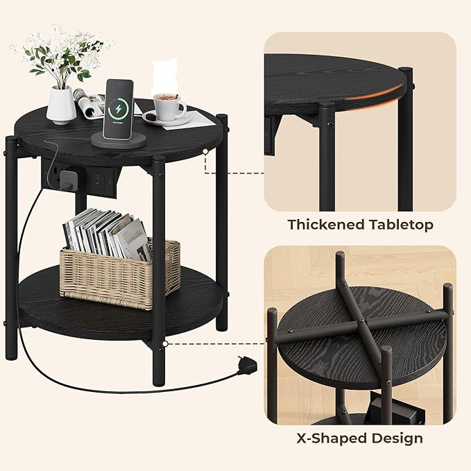 LIKIMIO 15.8" W Small Round Side Table with Charging Station, 2-Tier End Table with Lower Shelf, Wooden Nightstand for Small Spaces, Living Room, Bedroom, Black
